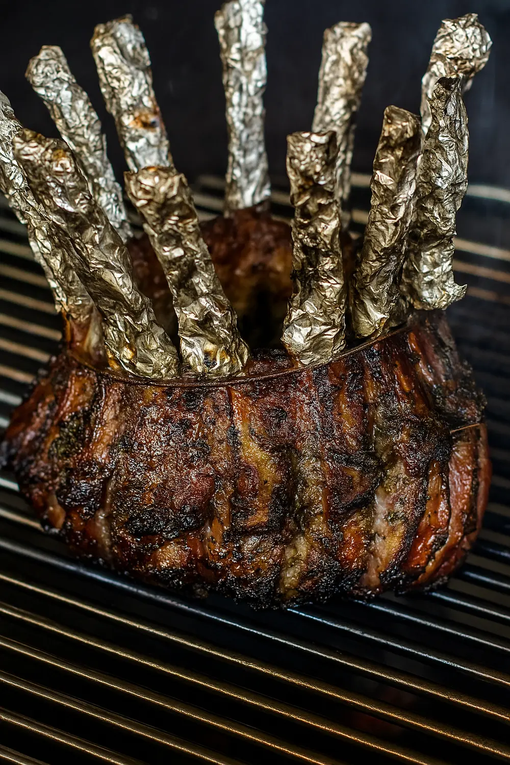 Juicy, deeply browned crown roast of lamb cooking on a grill or oven rack, with the top of each rib bone covered in crinkled silver foil, is one of the best Christmas party foods you'll love.