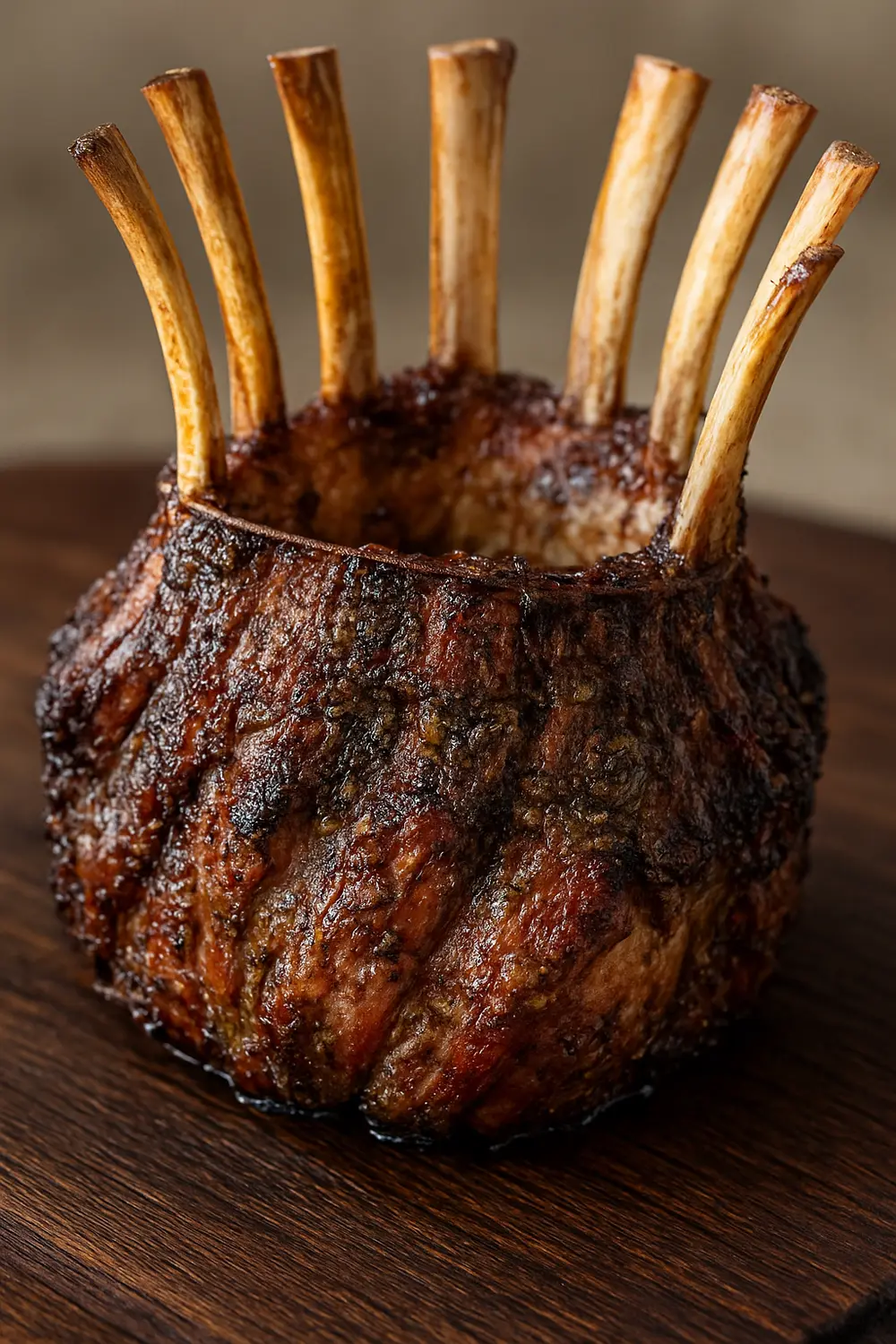 Best Crown Roast of Lamb for Festive Holidays The best lamb roast recipe featuring a golden-brown, crown of lamb roast with exposed, clean rib bones, resting on a dark serving board.