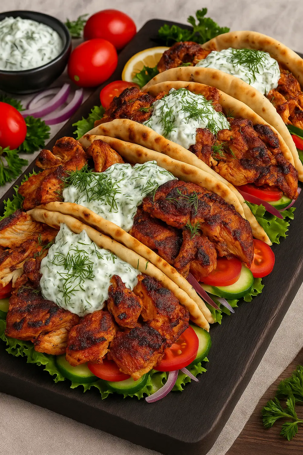 Healthy Greek Chicken Gyros with Tzatziki Sauce Easy homemade chicken gyros recipe featuring grilled chicken with tzatziki, lettuce, and tomato on pita bread.