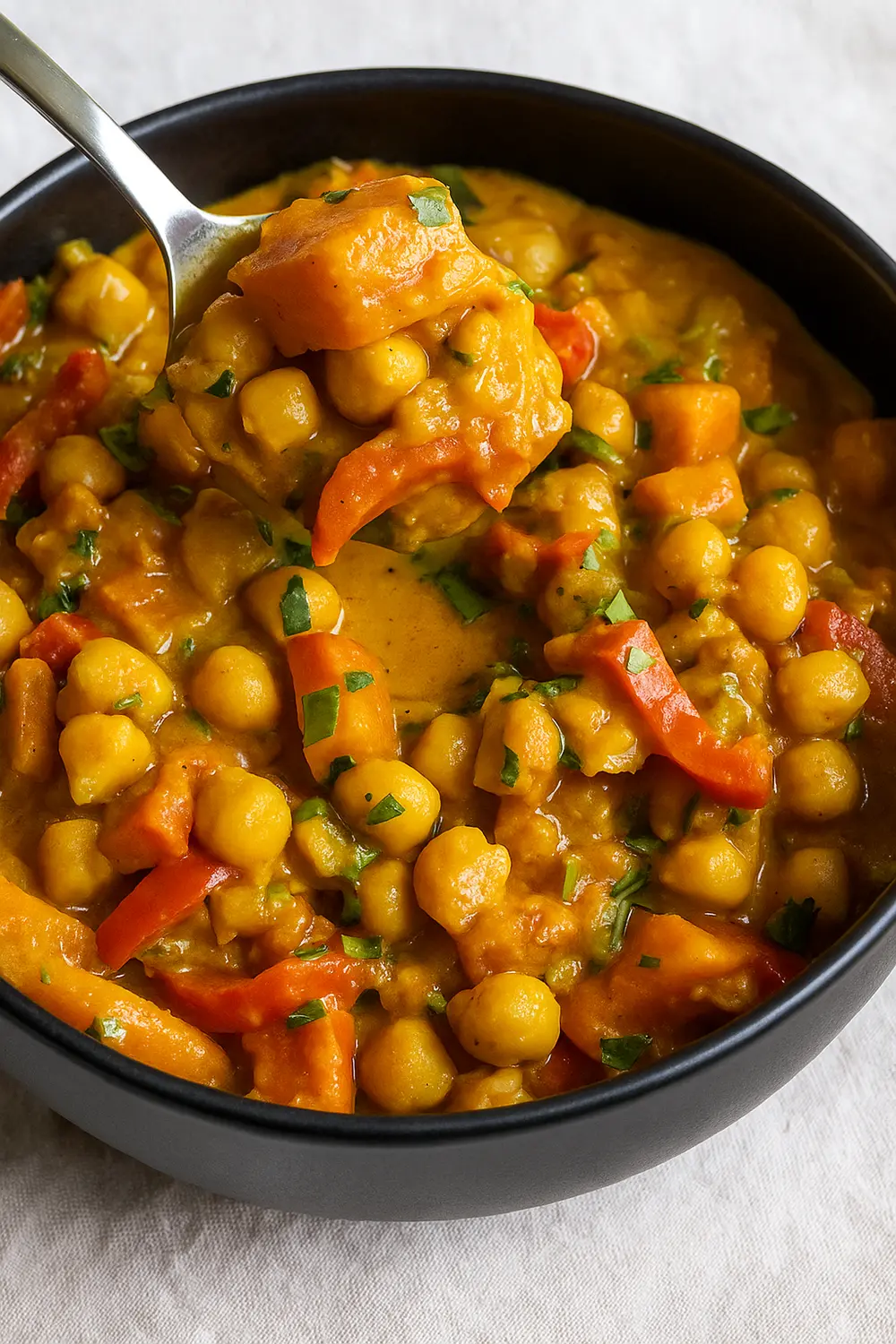 Quick and Easy Coconut Chickpea Curry Recipe (Chana Aloo) Easy chickpea curry recipe featuring creamy chickpea curry with carrots and red peppers in a coconut sauce, perfect for quick weeknight dinners.