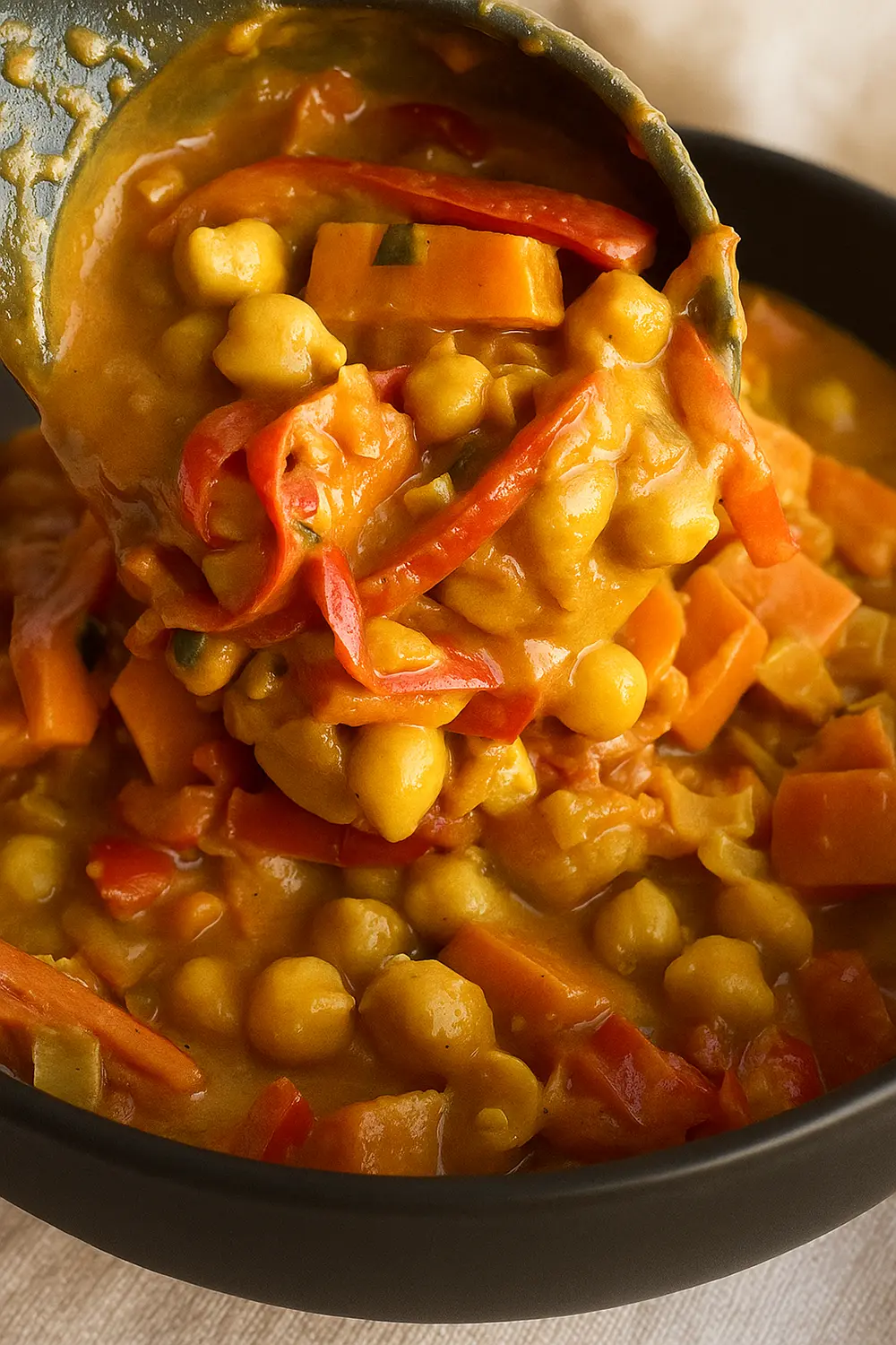 Quick and Easy Coconut Chickpea Curry Recipe (Chana Aloo) Easy chickpea recipe featuring chickpeas, carrots, and bell peppers simmered in a coconut broth.
