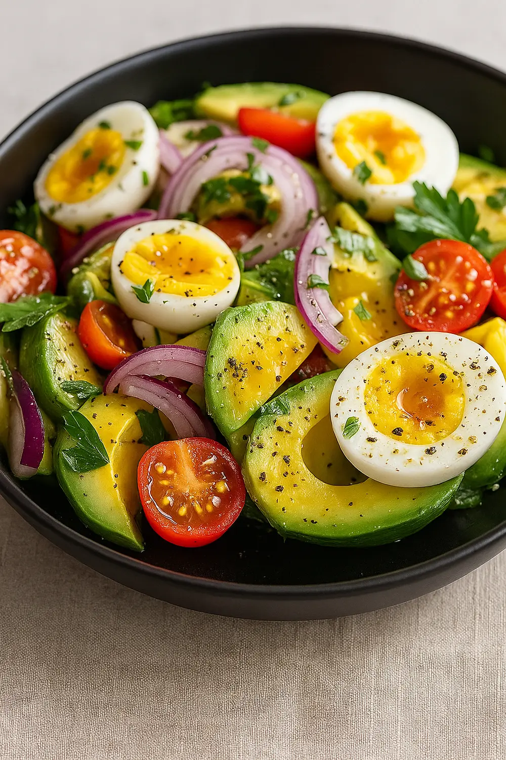 Best Avocado Egg Salad Recipe (No Mayo) The best egg salad recipe with boiled eggs, creamy avocado, cherry tomatoes, and red onions, perfect for a low-carb meal.