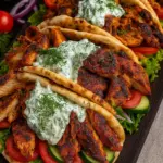 Authentic Greek chicken gyros topped with homemade tzatziki sauce, tomatoes, cucumbers, and lettuce in pita bread.