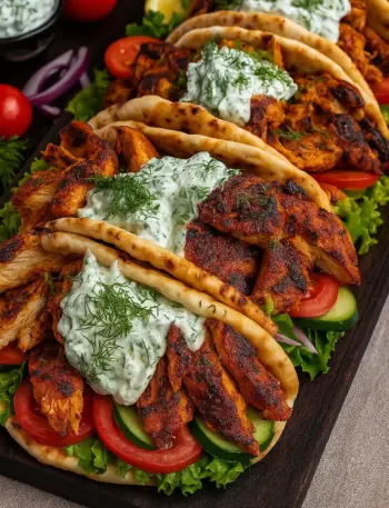 Authentic Greek chicken gyros topped with homemade tzatziki sauce, tomatoes, cucumbers, and lettuce in pita bread.