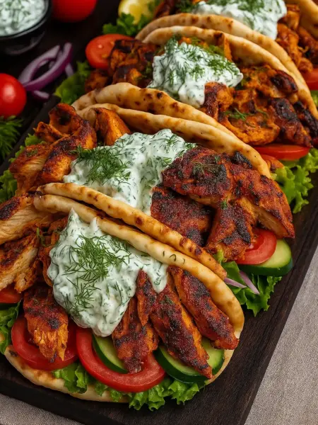Authentic Greek chicken gyros topped with homemade tzatziki sauce, tomatoes, cucumbers, and lettuce in pita bread.