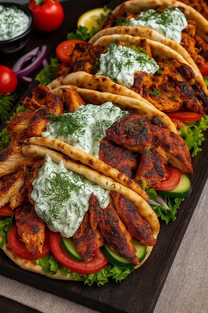 Healthy Greek Chicken Gyros with Tzatziki Sauce Authentic Greek chicken gyros topped with homemade tzatziki sauce, tomatoes, cucumbers, and lettuce in pita bread.