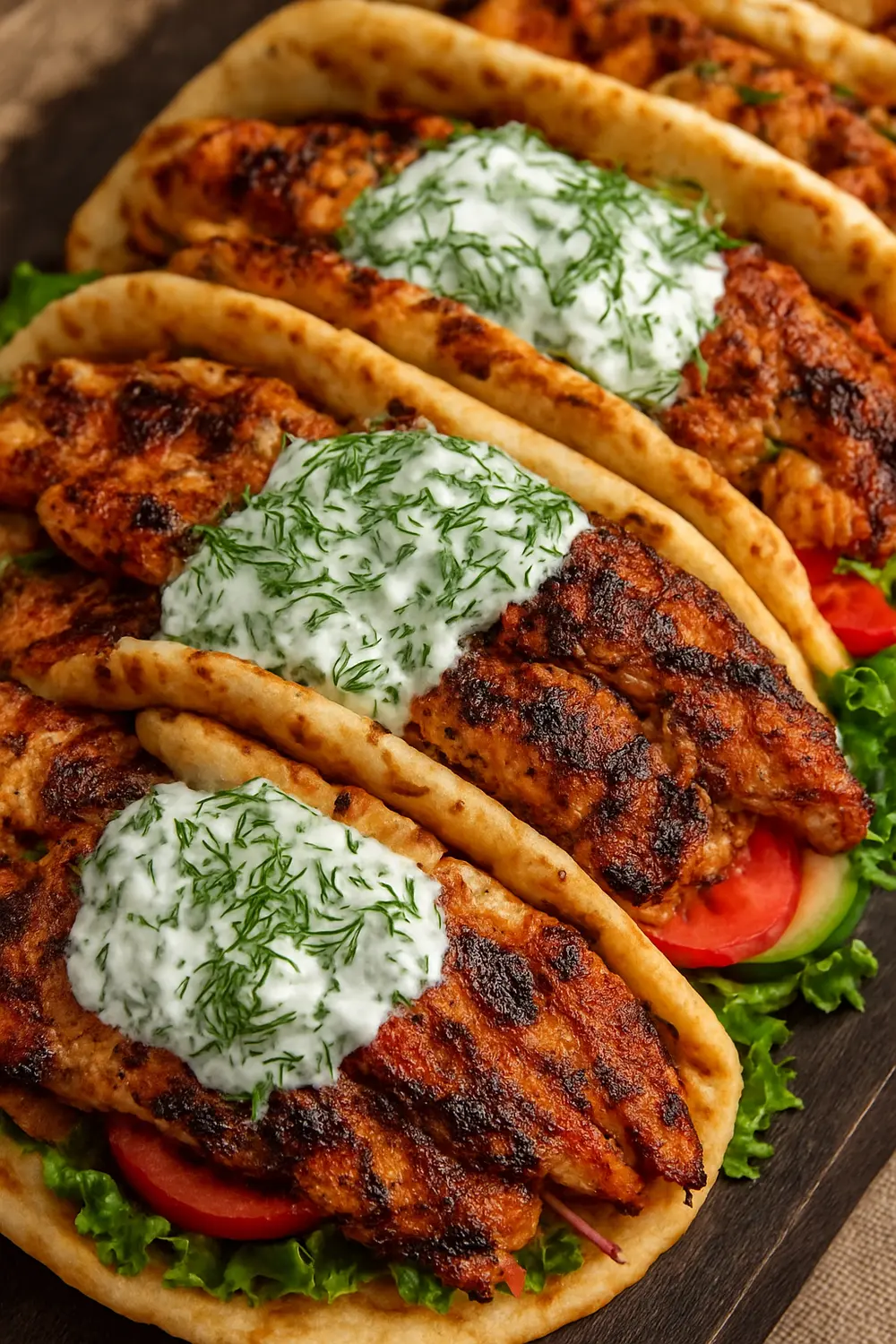 Healthy Greek Chicken Gyros with Tzatziki Sauce Grilled healthy chicken gyros wrap filled with fresh vegetables and creamy tzatziki sauce.