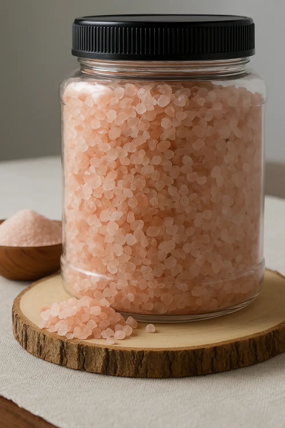 A jar filled with pure, coarse Himalayan pink salt crystals sits on a wooden coaster, with extra salt placed beside it.