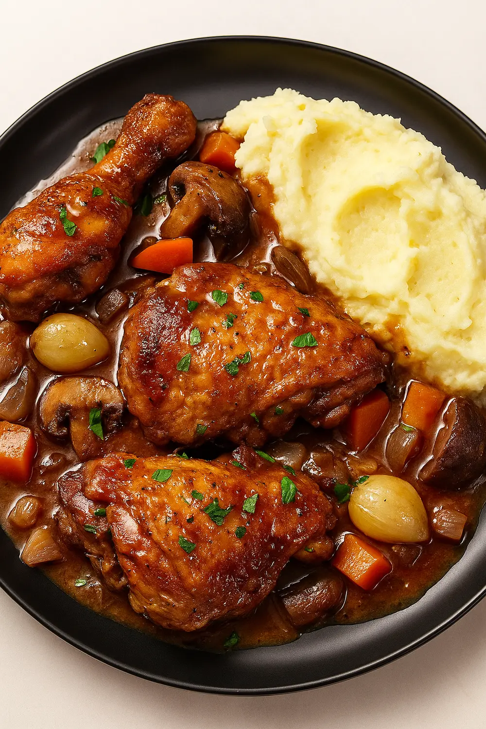 Traditional Coq au Vin Recipe Easy Julia Child Coq au Vin recipe showing tender chicken in a glossy red wine sauce with carrots, mushrooms, and pearl onions over creamy mashed potatoes.