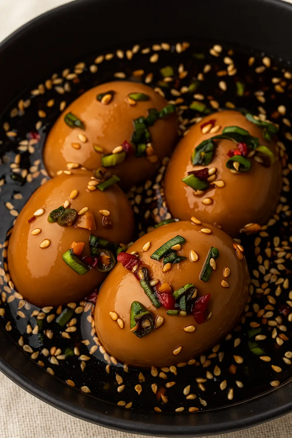 Easy Mayak Eggs (Korean Marinated Eggs Recipe) Easy Korean eggs recipe featuring Korean-style soft-boiled eggs marinated in soy sauce with sesame seeds, scallions, and chili, for a delicious high protein snack.