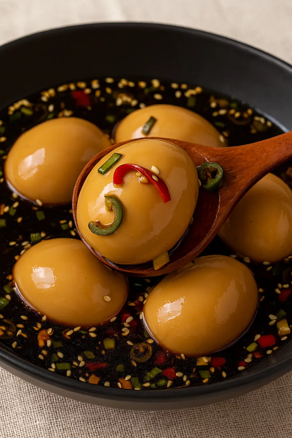 Easy Mayak Eggs (Korean Marinated Eggs Recipe) Korean mayak eggs in soy sauce marinade with scallions, sesame seeds, and red chili slices.