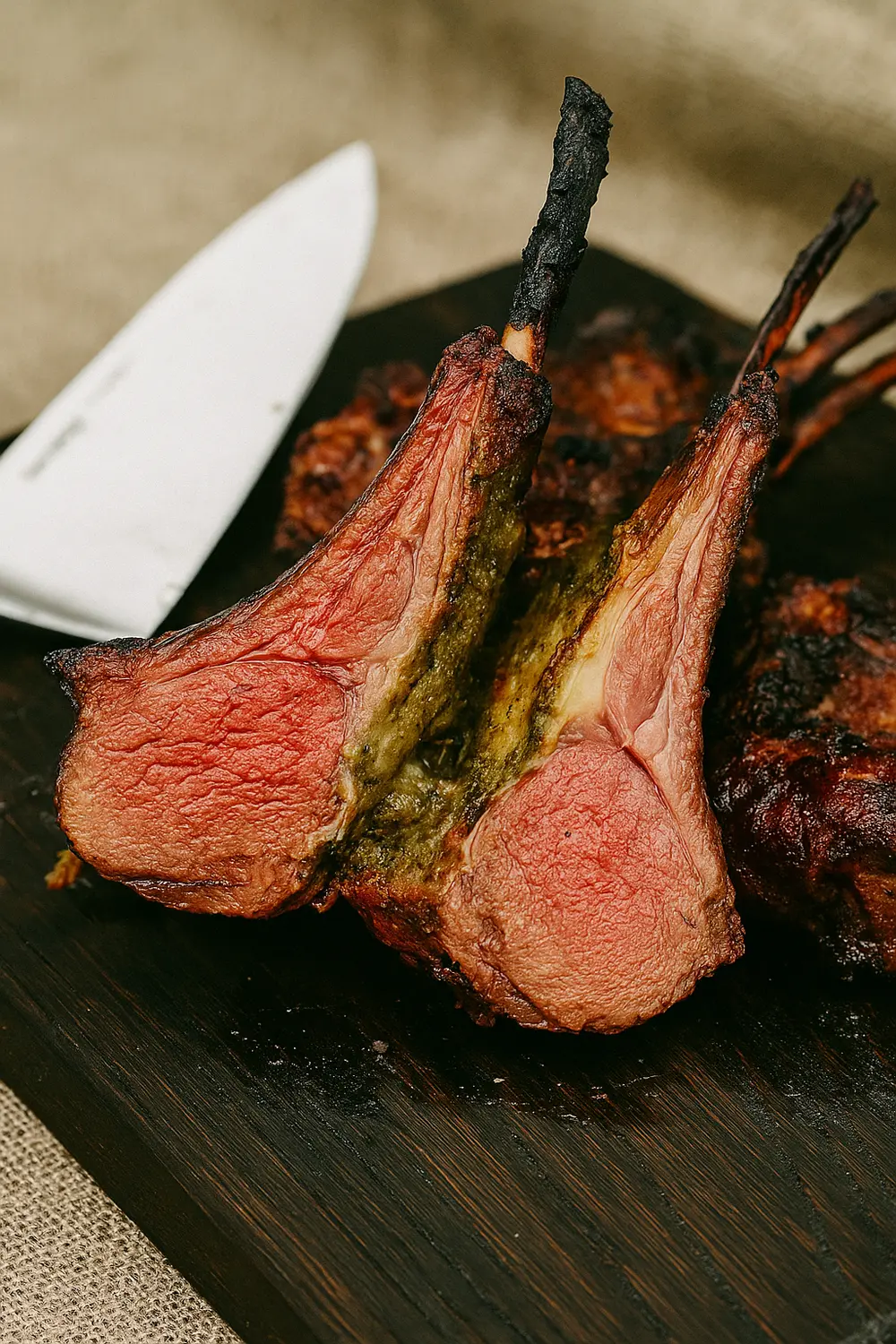 Best Crown Roast of Lamb for Festive Holidays Easy lamb chop recipe featuring two thick, perfectly cooked lamb chops, cut from the crown lamb roast, showing a rosy-pink medium-rare center and a bright green herb crust or sauce.