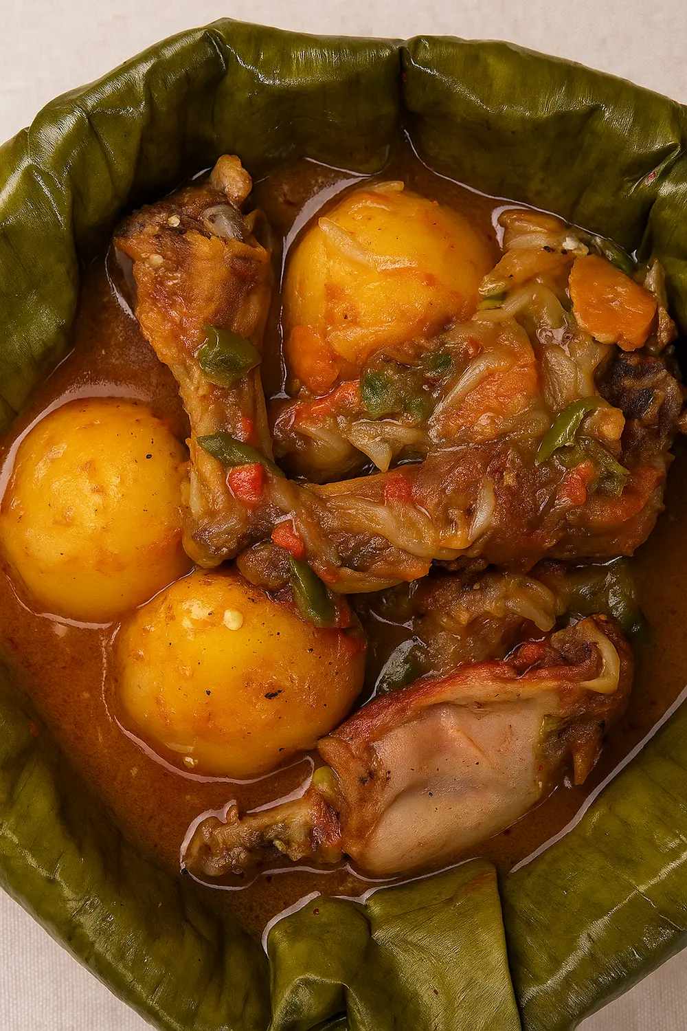 Traditional Ugandan luwombo chicken stew recipe featuring smoked chicken simmered with potatoes, vegetables, and rich sauce served in a banana leaf, one of the best Christmas dinner food ideas you should try.