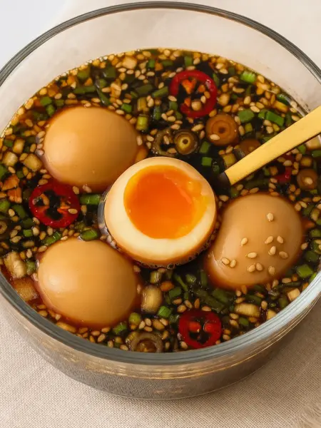 Easy Mayak Eggs (Korean Marinated Eggs Recipe) Korean marinated eggs recipe featuring soft-boiled mayak eggs soaked in soy sauce with sesame seeds, scallions, and chili slices for a high protein snack or breakfast.