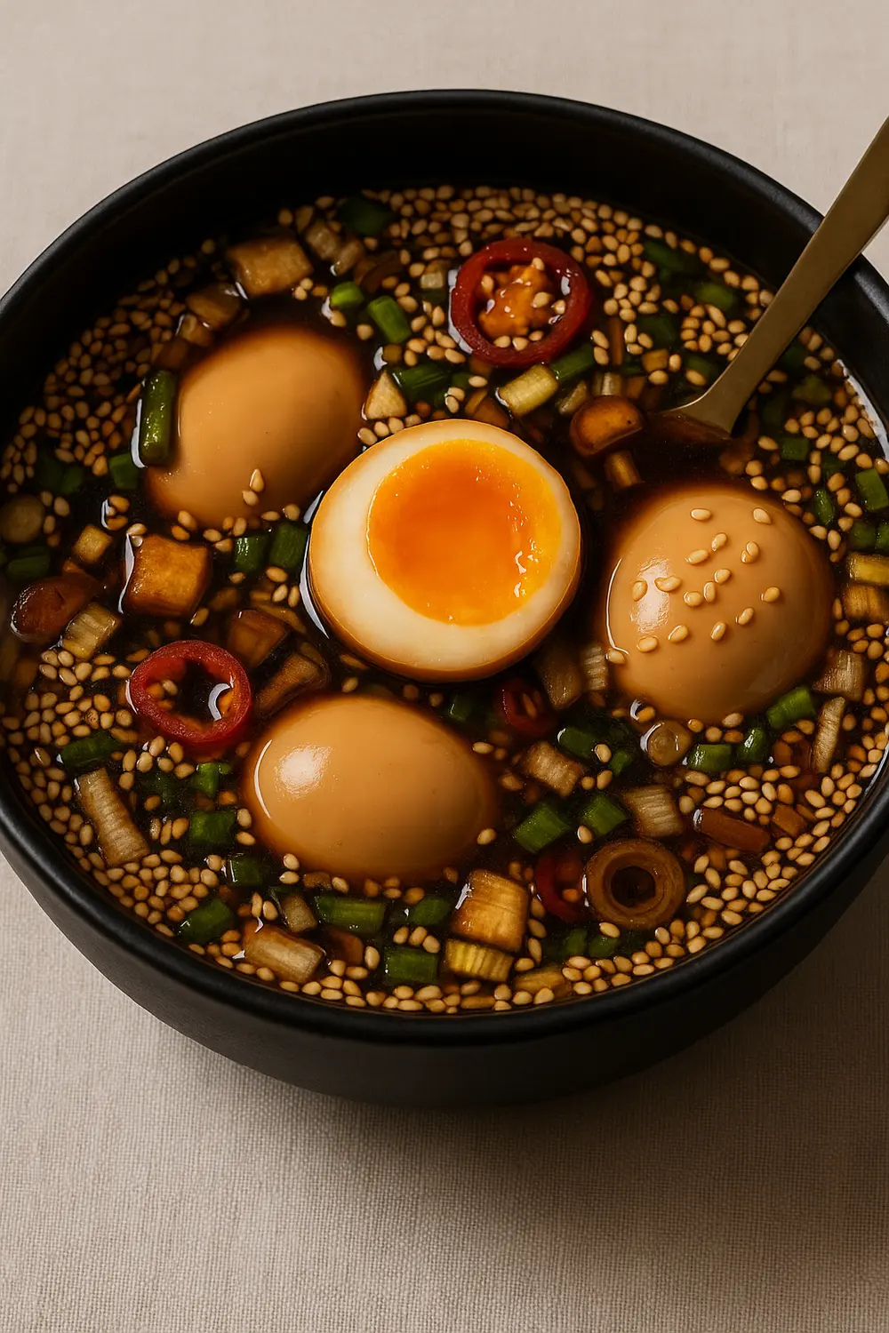 Easy Mayak Eggs (Korean Marinated Eggs Recipe) Mayak eggs served in a soy-sesame marinade with chili, scallions, and sesame seeds.