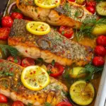 Easy oven baked salmon recipe featuring Mediterranean salmon with lemon slices, cherry tomatoes, and zucchini in a flavorful sauce.