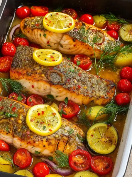 Easy oven baked salmon recipe featuring Mediterranean salmon with lemon slices, cherry tomatoes, and zucchini in a flavorful sauce.