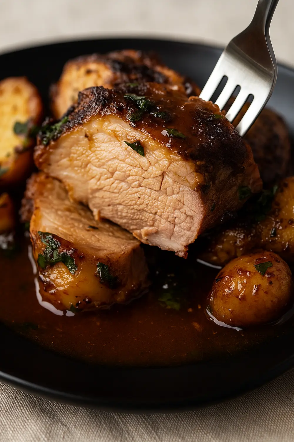 Best Oven Pork Loin Roast Recipe Easy oven roasted pork loin recipe featuring juicy pork loin roasted pieces with baby potatoes in a rich gravy.