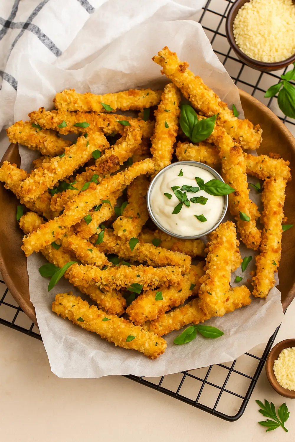 Crispy Air Fryer Zucchini Fries Delicious and crispy Parmesan zucchini fries with golden crust and fresh herbs, with a side of creamy dipping sauce.