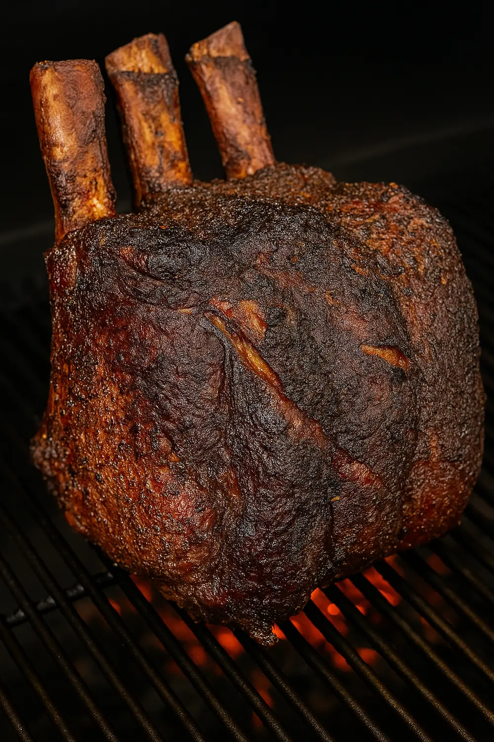 Traeger Smoked Prime Rib Recipe Herb-seasoned smoked prime rib roast cooking on a pellet grill with flames, an ideal centerpiece for festive holiday dinners.