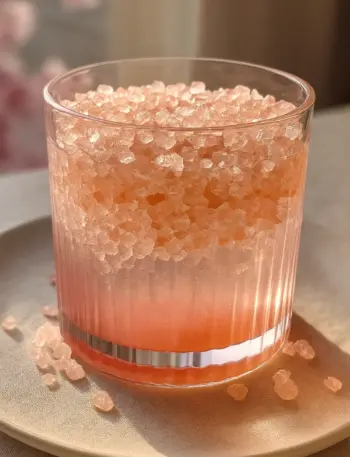 Easy Pink Salt Trick Recipe This simple pink salt trick recipe features crushed pink Himalayan salt mixed in water, sitting on a plate with scattered pink salt crystals, perfect for supporting better hydration and electrolyte balance.