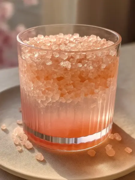 Easy Pink Salt Trick Recipe This simple pink salt trick recipe features crushed pink Himalayan salt mixed in water, sitting on a plate with scattered pink salt crystals, perfect for supporting better hydration and electrolyte balance.