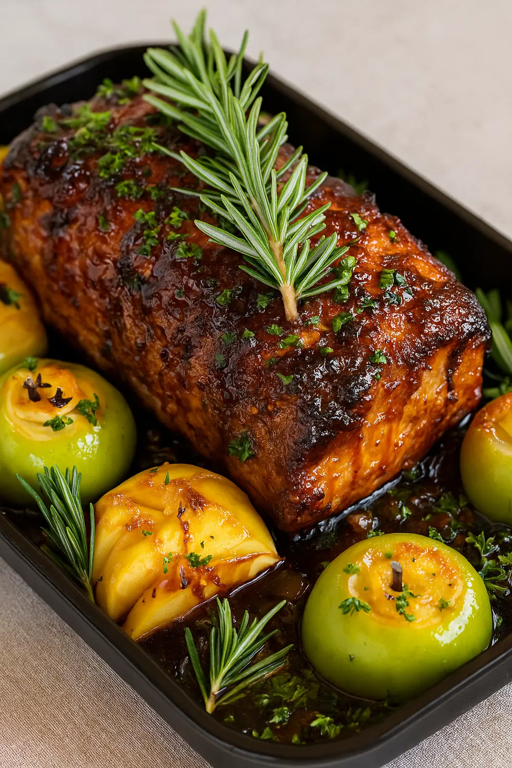 Best Oven Pork Loin Roast Recipe Pork loin roast in oven with a golden crust, garnished with fresh rosemary and baked apples.