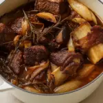 Red wine braised short ribs with rosemary, garlic, and caramelized onions in a Dutch oven.