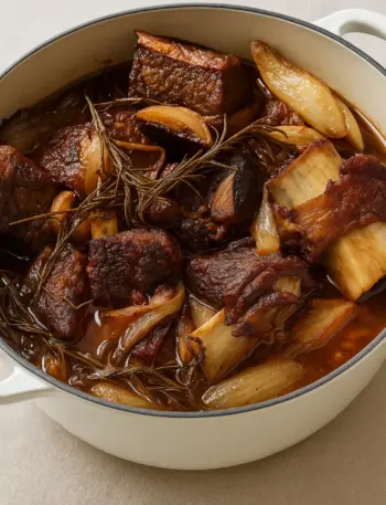 Red wine braised short ribs with rosemary, garlic, and caramelized onions in a Dutch oven.
