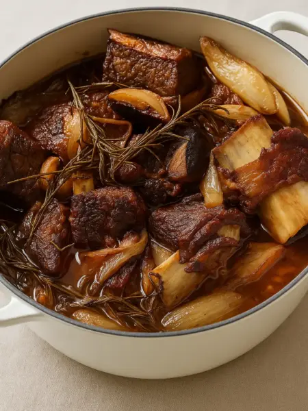 Red Wine Braised Short Ribs Recipe Red wine braised short ribs with rosemary, garlic, and caramelized onions in a Dutch oven.