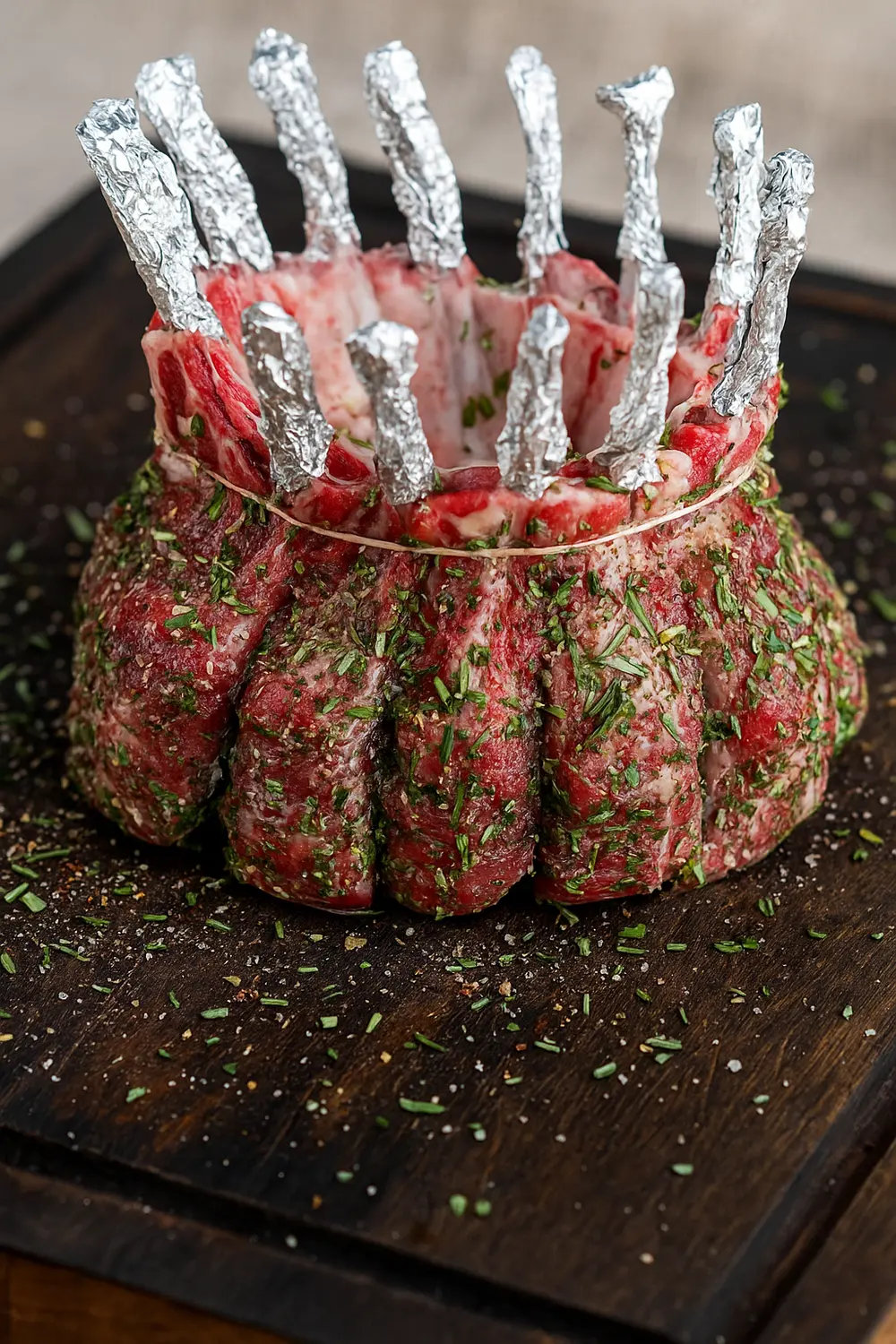 Best Crown Roast of Lamb for Festive Holidays Raw crown roast of lamb, also known as roast lamb crown, tied and heavily seasoned with herbs like rosemary and thyme, with individual rib bones wrapped in aluminum foil, set on a dark wooden cutting board.