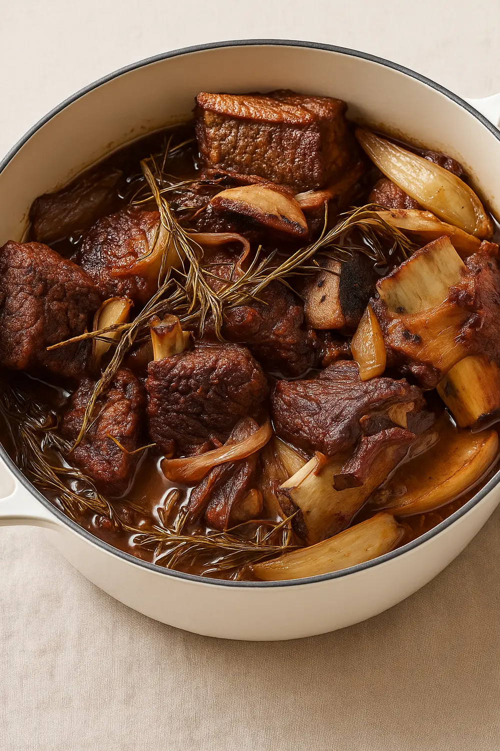 Red Wine Braised Short Ribs Recipe Tender slow cooker short ribs simmered in a rich, savory red wine sauce with onions and rosemary in a white Dutch oven.