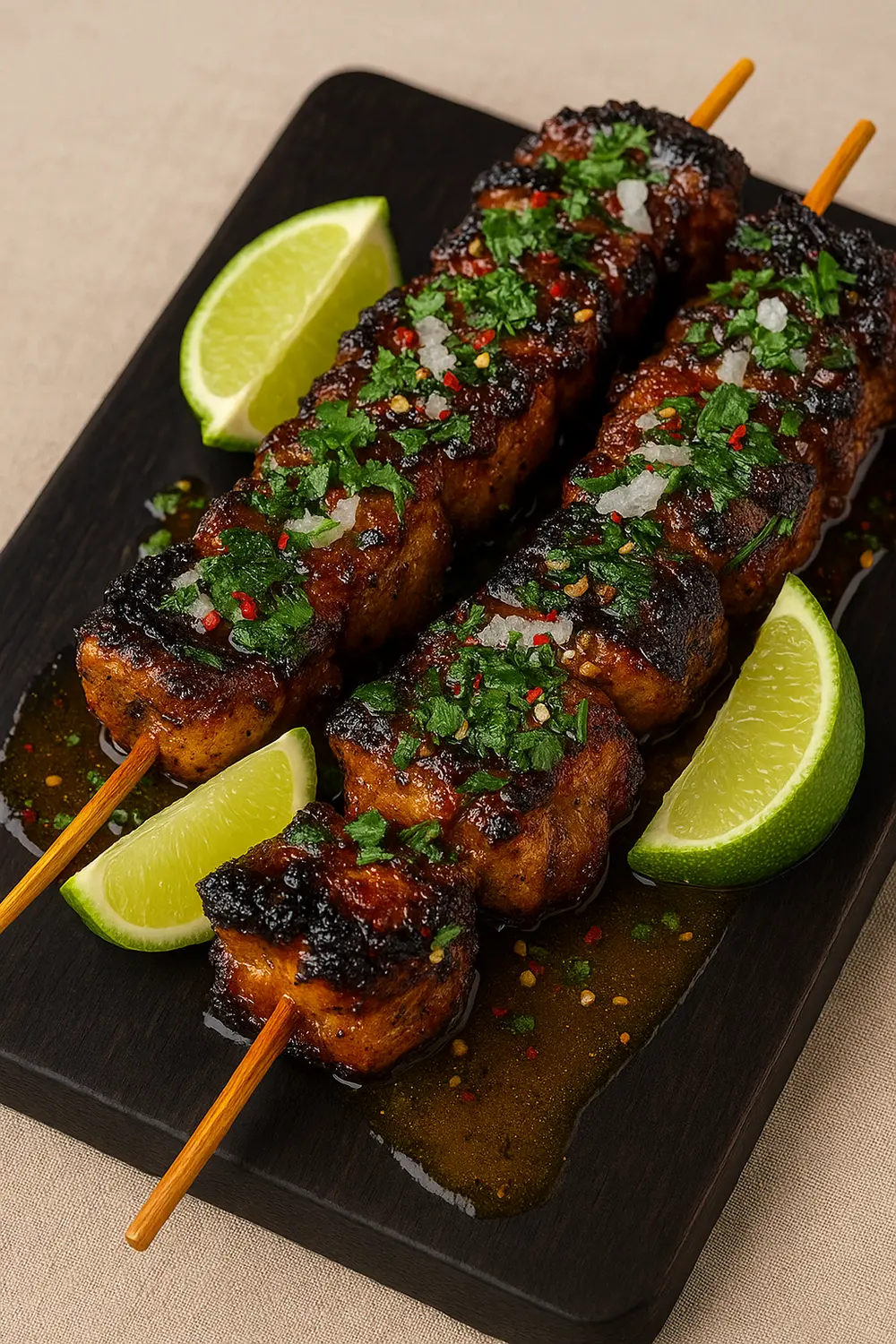 Grilled Thai Chicken Skewers Recipe (Gai Yang) Thai chicken skewers with a caramelized glaze, fresh herbs, and chili flakes served with lime wedges.