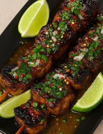 Grilled Thai Chicken Skewers Recipe (Gai Yang) Easy chicken skewers recipe featuring Thai grilled chicken skewers topped with cilantro and chili flakes, served in a flavorful sauce with lime wedges, perfect for a summer meal or Sunday roast.