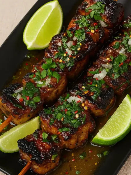 Grilled Thai Chicken Skewers Recipe (Gai Yang) Easy chicken skewers recipe featuring Thai grilled chicken skewers topped with cilantro and chili flakes, served in a flavorful sauce with lime wedges, perfect for a summer meal or Sunday roast.