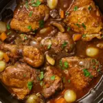 Traditional Coq au Vin recipe featuring braised chicken pieces simmered in a rich red wine sauce with pearl onions, carrots, and mushrooms.