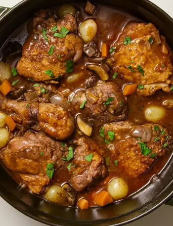 Traditional Coq au Vin recipe featuring braised chicken pieces simmered in a rich red wine sauce with pearl onions, carrots, and mushrooms.