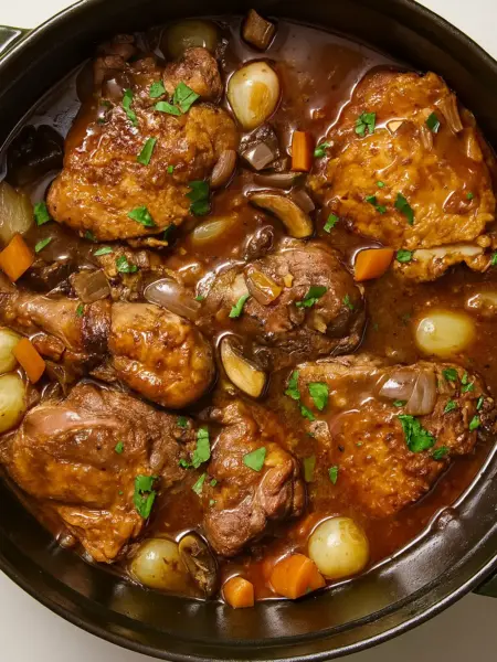 Traditional Coq au Vin recipe featuring braised chicken pieces simmered in a rich red wine sauce with pearl onions, carrots, and mushrooms.