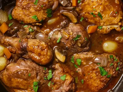 Traditional Coq au Vin recipe featuring braised chicken pieces simmered in a rich red wine sauce with pearl onions, carrots, and mushrooms.