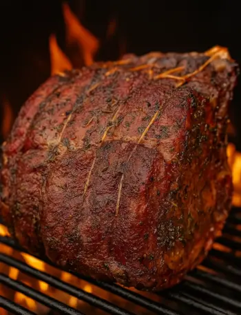 Juicy Traeger smoked prime rib roast with herb crust on a Traeger pellet grill, ideal for festive holiday dinners.
