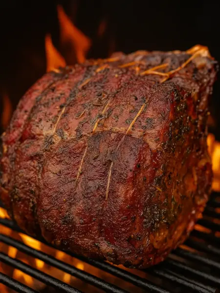 Traeger Smoked Prime Rib Recipe Juicy Traeger smoked prime rib roast with herb crust on a Traeger pellet grill, ideal for festive holiday dinners.