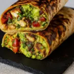 Grilled turkey avocado wrap cut in half, showing layers of turkey, avocado, and fresh veggies.