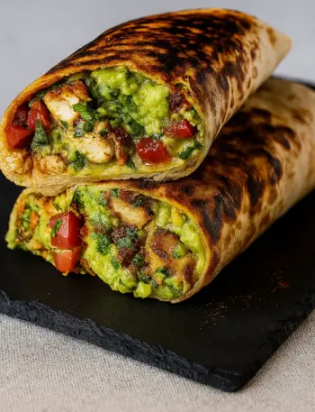 Grilled turkey avocado wrap cut in half, showing layers of turkey, avocado, and fresh veggies.
