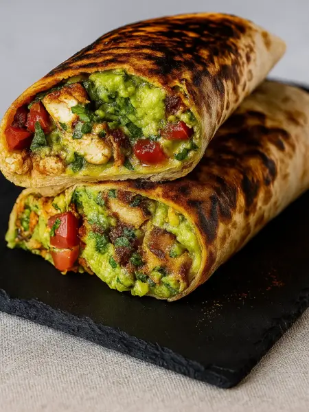 Healthy Turkey Avocado Wrap Grilled turkey avocado wrap cut in half, showing layers of turkey, avocado, and fresh veggies.