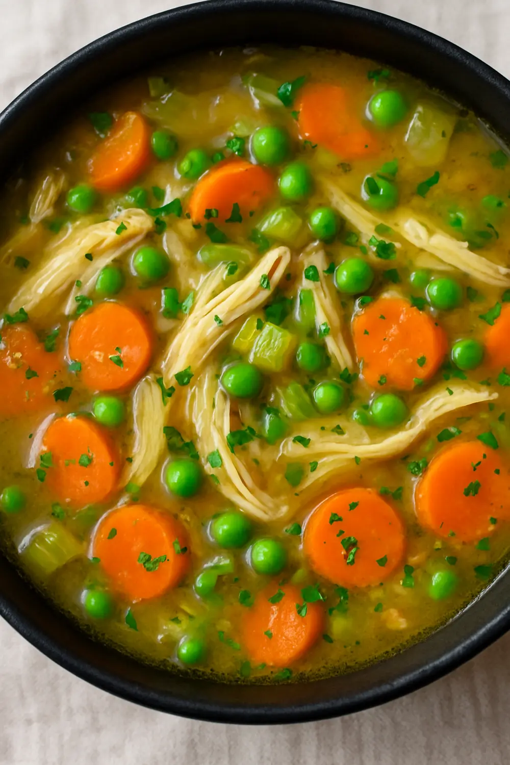 Easy chicken soup recipe featuring a warm bowl of shredded chicken, carrots, peas, and herbs in a turmeric broth.
