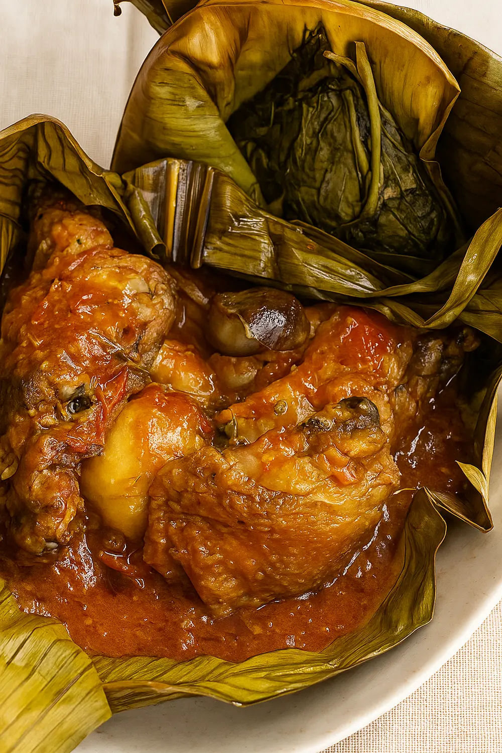 Best Chicken Stew Recipe (Luwombo Chicken) Uganda chicken luwombo stew served in banana leaves with potatoes and vegetables, perfect for a family dinner.