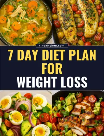 A balanced and healthy 7 day diet plan for weight loss, featuring calorie deficit meals.