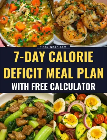7 Day Calorie Deficit Meal Plan with Free Calculator A free 7 day calorie deficit meal plan with balanced low-calorie recipes and a free calorie deficit calculator.