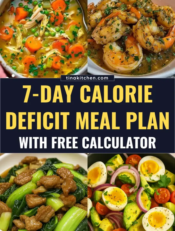 7 Day Calorie Deficit Meal Plan with Free Calculator A free 7 day calorie deficit meal plan with balanced low-calorie recipes and a free calorie deficit calculator.
