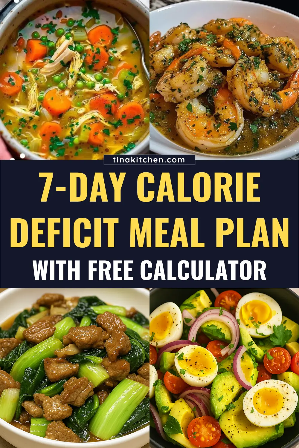 A free 7 day calorie deficit meal plan with balanced low-calorie recipes and a free calorie deficit calculator.